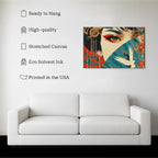 Golden Gaze – Geisha with Fan & Crane - Japanese Culture Canvas Wall Art Kubo Gallery