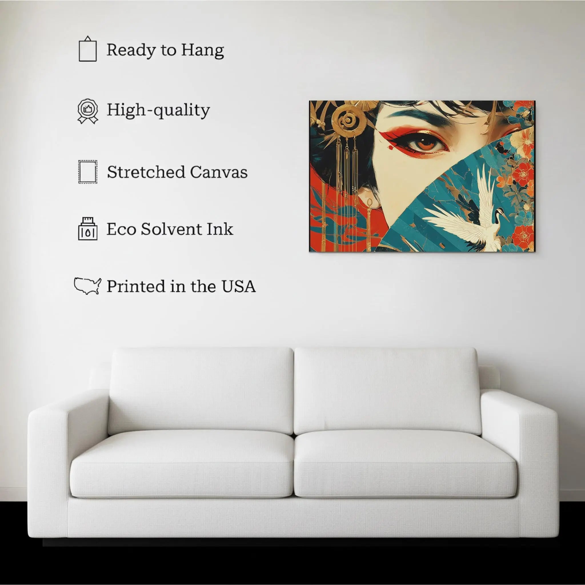 Golden Gaze – Geisha with Fan & Crane - Japanese Culture Canvas Wall Art Kubo Gallery