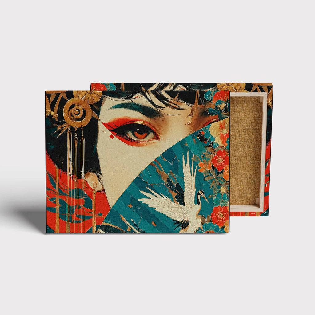 Golden Gaze – Geisha with Fan & Crane - Japanese Culture Canvas Wall Art Kubo Gallery
