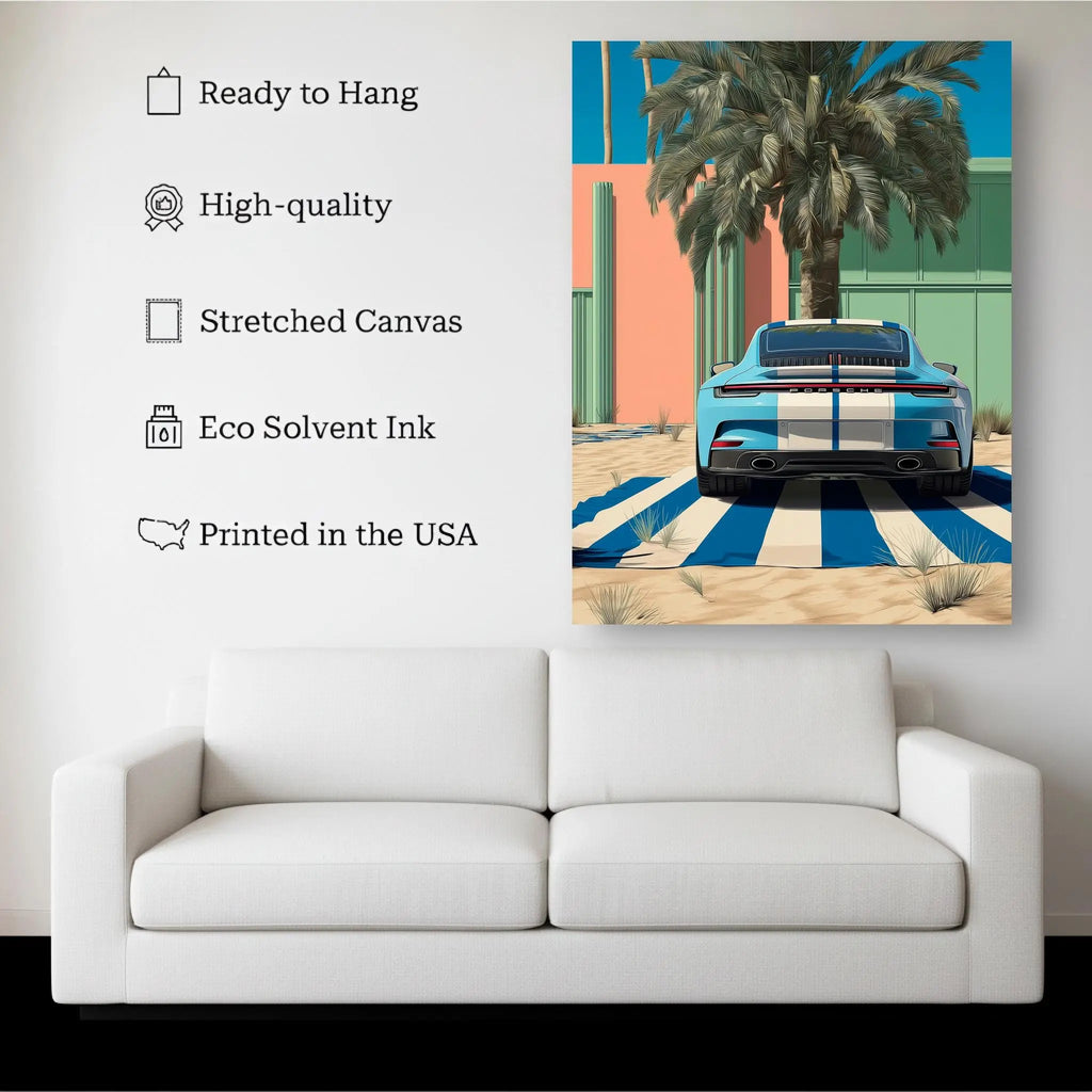 Porsche Canvas Wall Art – Modern Car Poster with Palm Trees, Blue Sport Car Print, Ready to Hang Canvas for Garage or Office Decor Kubo Gallery