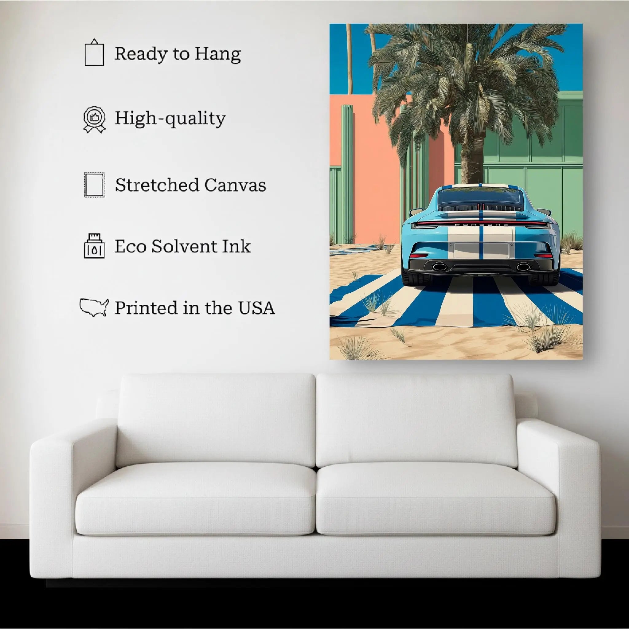 Porsche Canvas Wall Art – Modern Car Poster with Palm Trees, Blue Sport Car Print, Ready to Hang Canvas for Garage or Office Decor Kubo Gallery