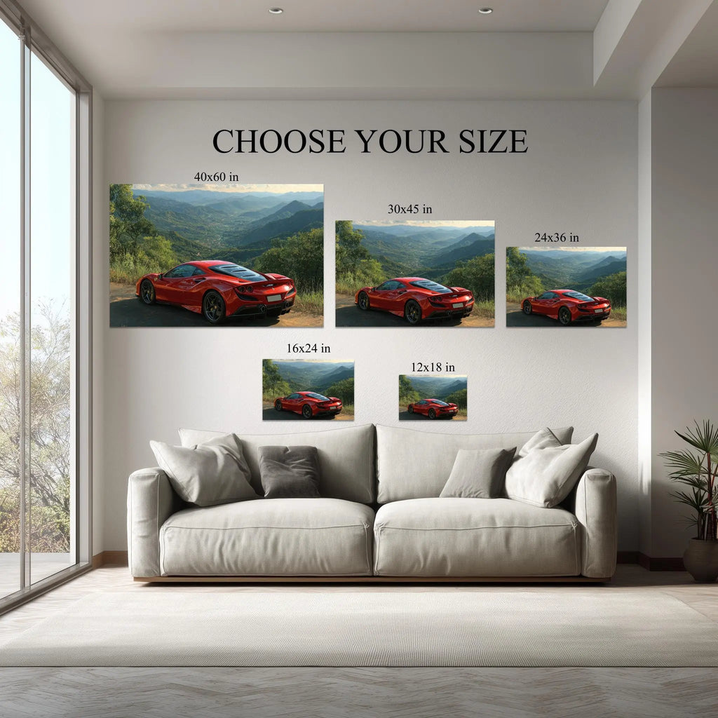 Ferrari Mountain Canvas – Red F8 Tributo Car Wall Art, Supercar Landscape Print, Exotic Car Poster, Ready to Hang Home Room Office Decor Kubo Gallery