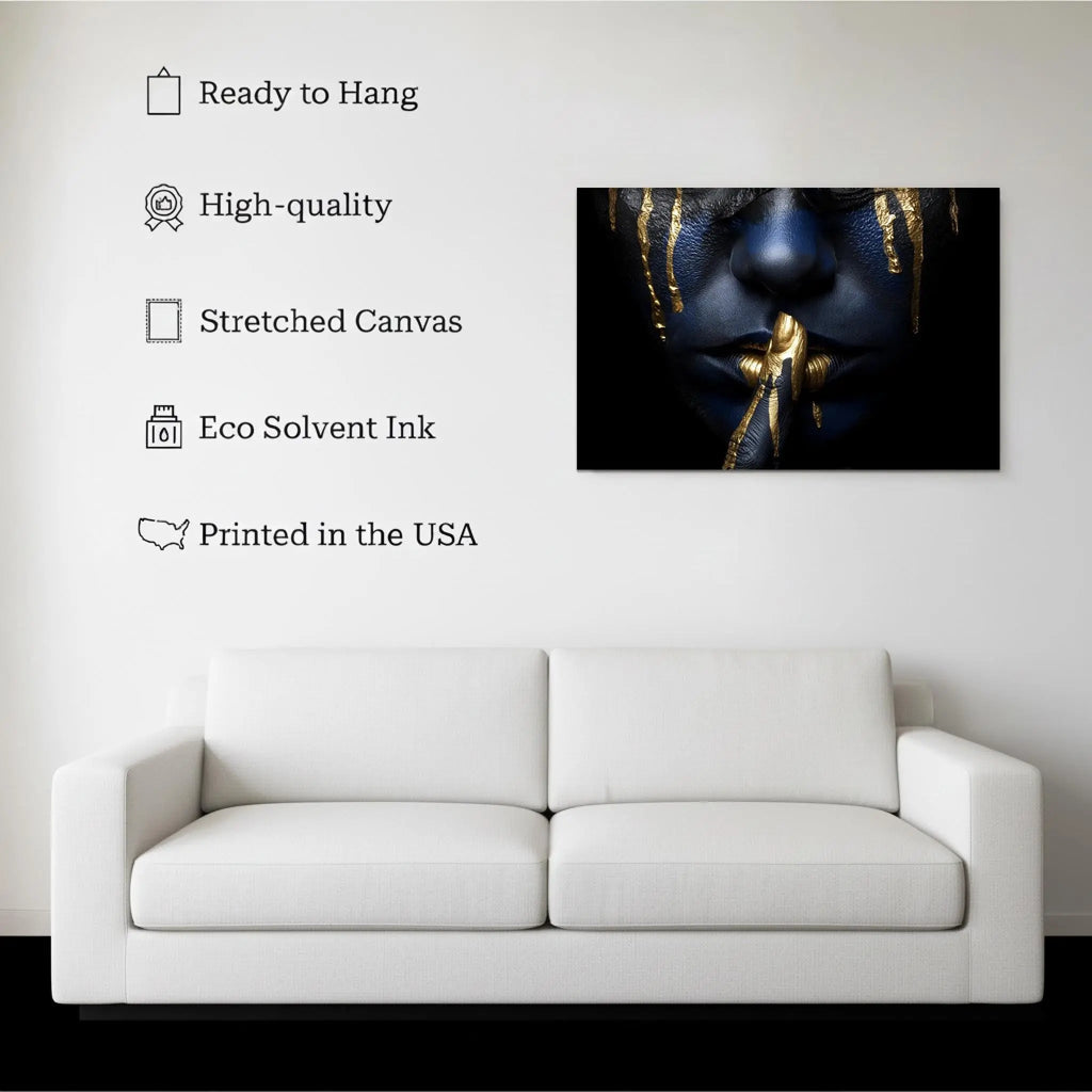 Blue & Gold Silence Canvas – Abstract Face Portrait Wall Art, Luxury Modern Decor, Ready to Hang Painting with Gold Details Kubo Gallery