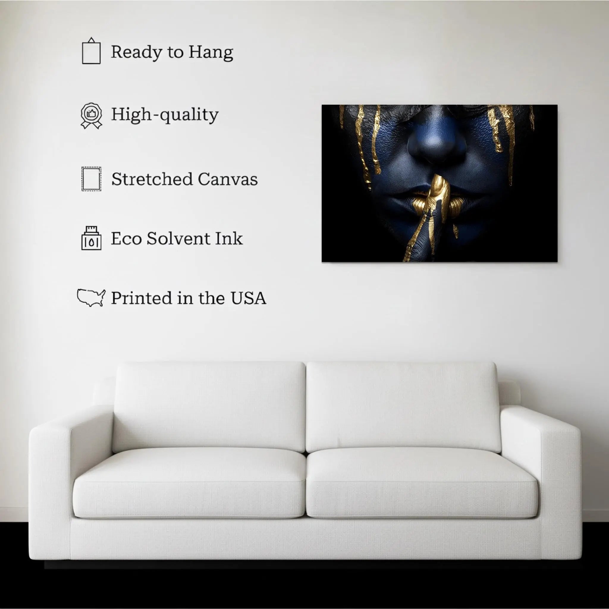 Blue & Gold Silence Canvas – Abstract Face Portrait Wall Art, Luxury Modern Decor, Ready to Hang Painting with Gold Details Kubo Gallery