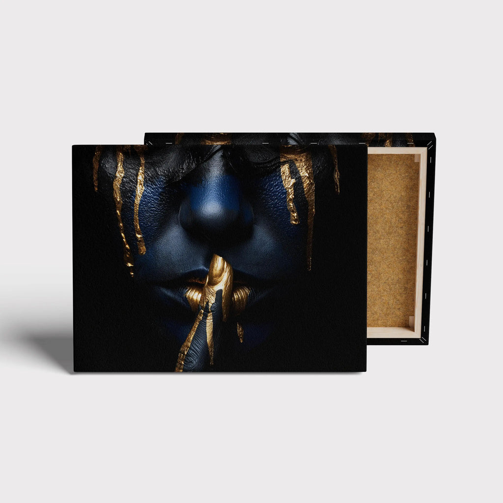 Blue & Gold Silence Canvas – Abstract Face Portrait Wall Art, Luxury Modern Decor, Ready to Hang Painting with Gold Details Kubo Gallery