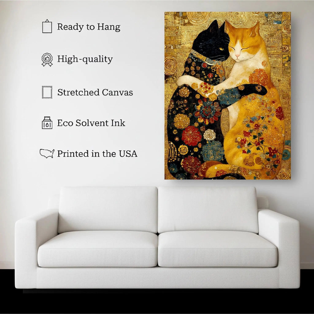 Golden Feline Embrace – Klimt-Style Cat Canvas Print Kubo Gallery