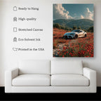 Toyota Supra Canvas Wall Art – White Sports Car in Flower Field Landscape, JDM Poster for Car Lovers, Ready to Hang Kubo Gallery