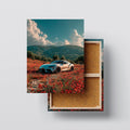 Toyota Supra Canvas Wall Art – White Sports Car in Flower Field Landscape, JDM Poster for Car Lovers, Ready to Hang Kubo Gallery