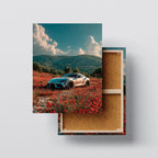 Toyota Supra Canvas Wall Art – White Sports Car in Flower Field Landscape, JDM Poster for Car Lovers, Ready to Hang Kubo Gallery