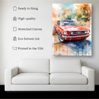 Red Classic Mustang Watercolor Art Print – Vintage Car Wall Decor for Automotive Lovers Kubo Gallery