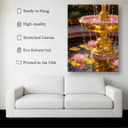 Golden Fountain with Lotus Flowers – Elegant Art Print on Canvas Kubo Gallery