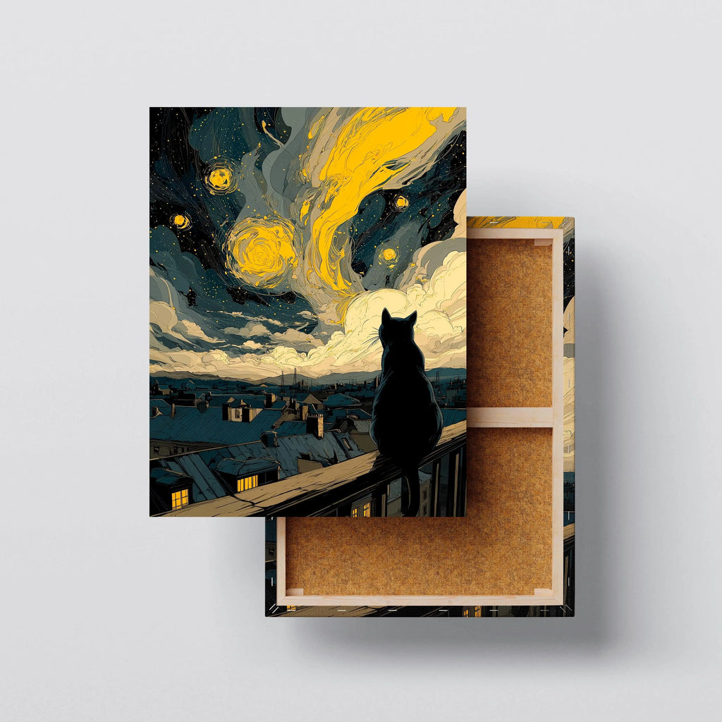 City of Stars – Cat & Starry Sky Night Canvas Wall Art Kubo Gallery