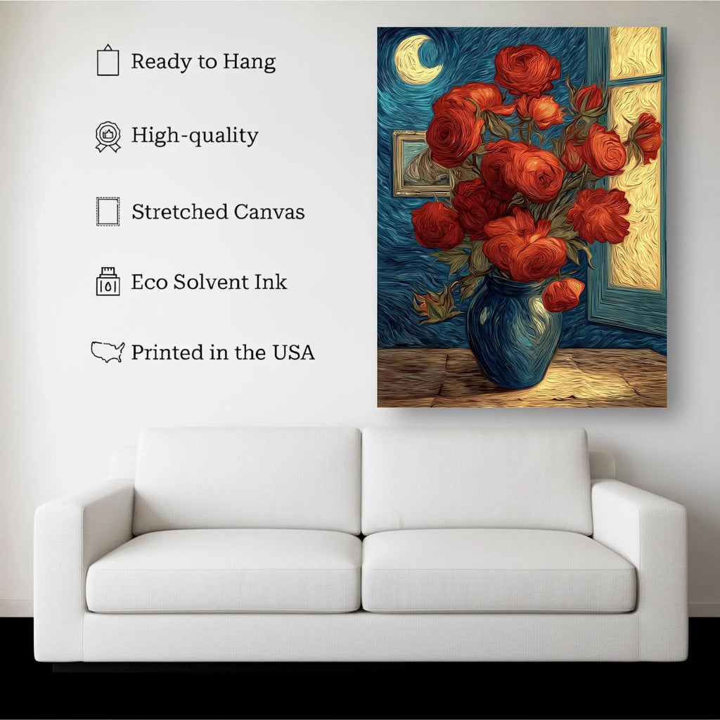 Crimson Bloom – Red Roses in Starry Night Style Canvas Wall Art Kubo Gallery