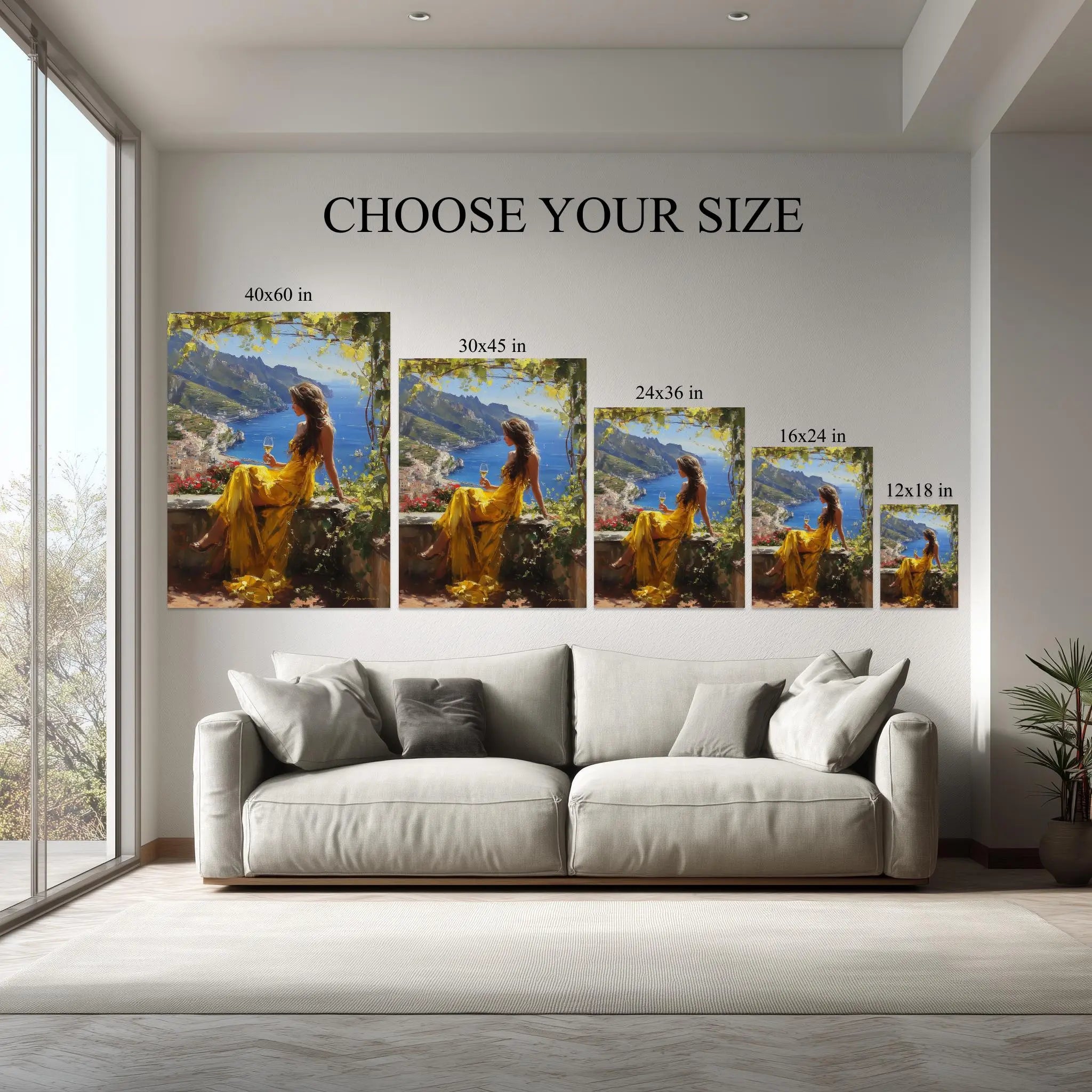 Golden Elegance – Woman by the Amalfi Coast Canvas Wall Art Kubo Gallery