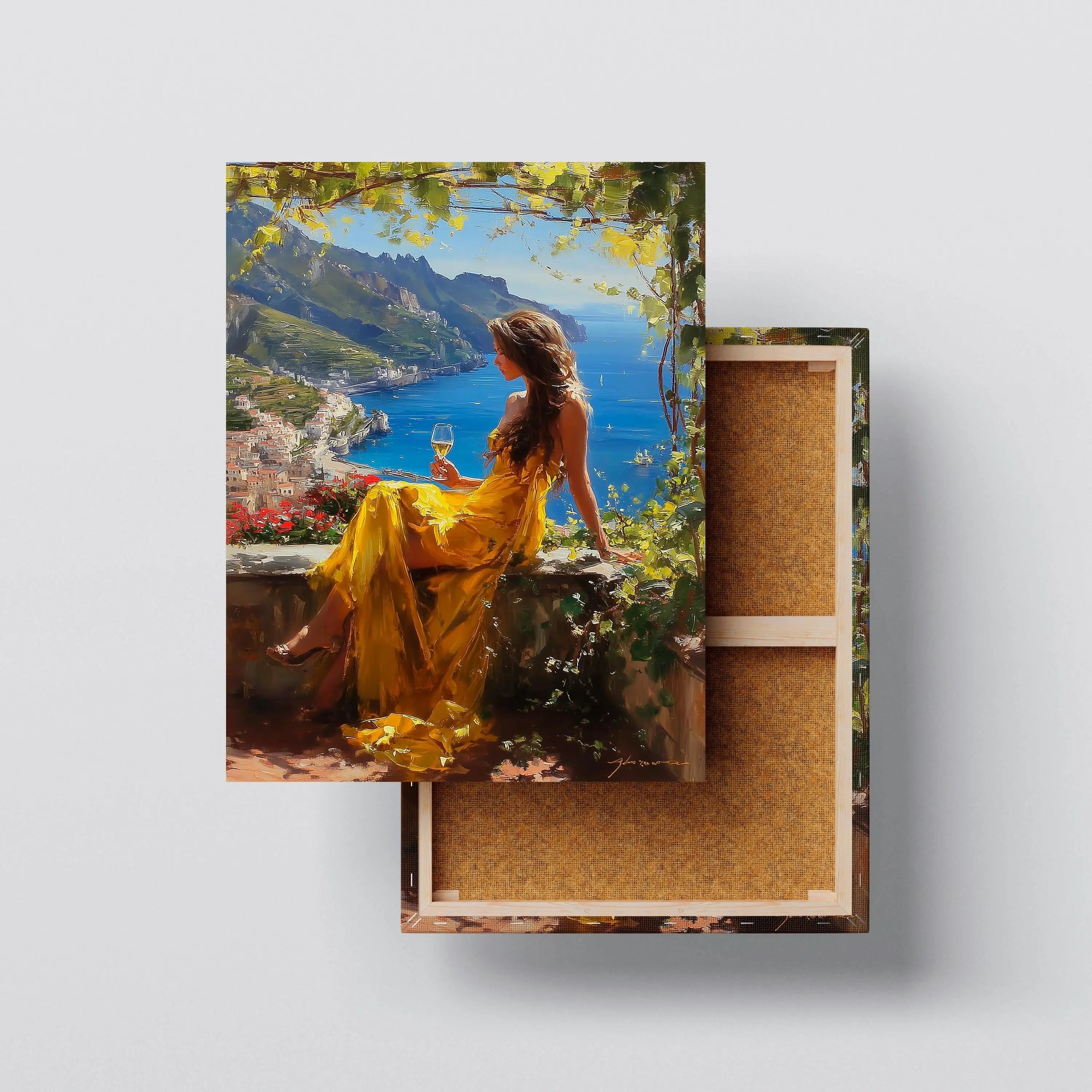 Golden Elegance – Woman by the Amalfi Coast Canvas Wall Art Kubo Gallery