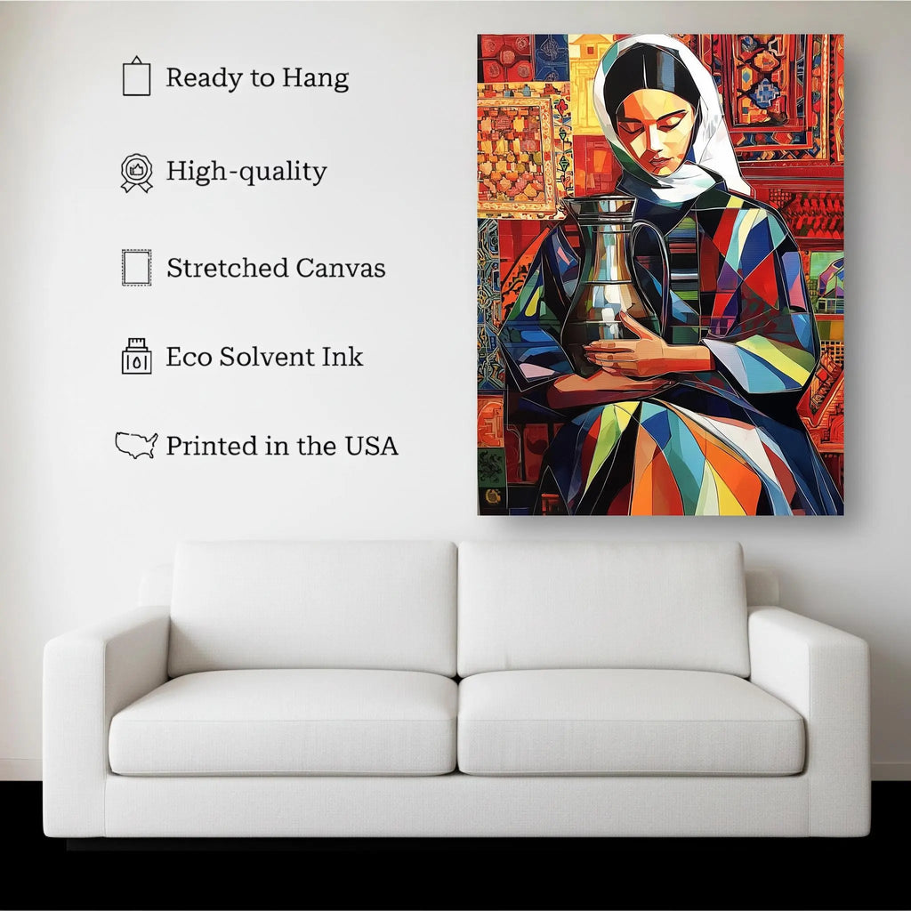 Colorful Geometric Woman Portrait Canvas – Ethnic Abstract Wall Art, Oriental Folk Style Painting, Ready to Hang Kubo Gallery