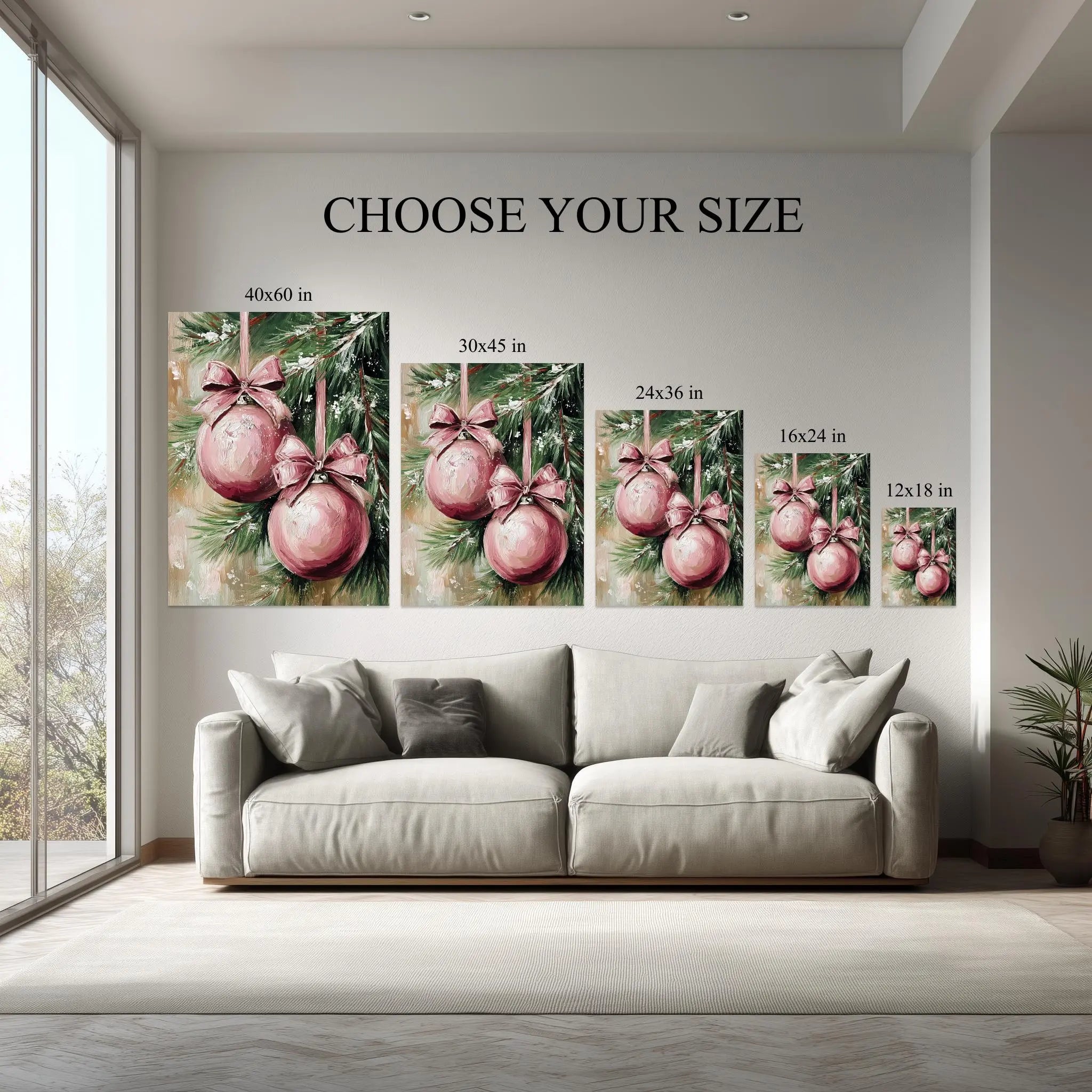 Hand-Painted Style Christmas Ornaments Canvas | Pink Baubles Wall Art | Holiday Decor Print Kubo Gallery