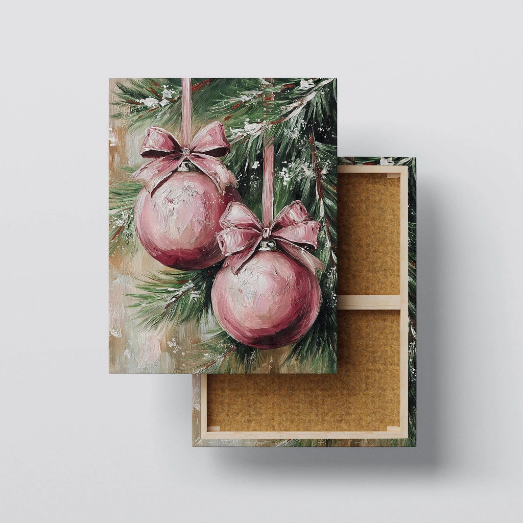 Hand-Painted Style Christmas Ornaments Canvas | Pink Baubles Wall Art | Holiday Decor Print Kubo Gallery