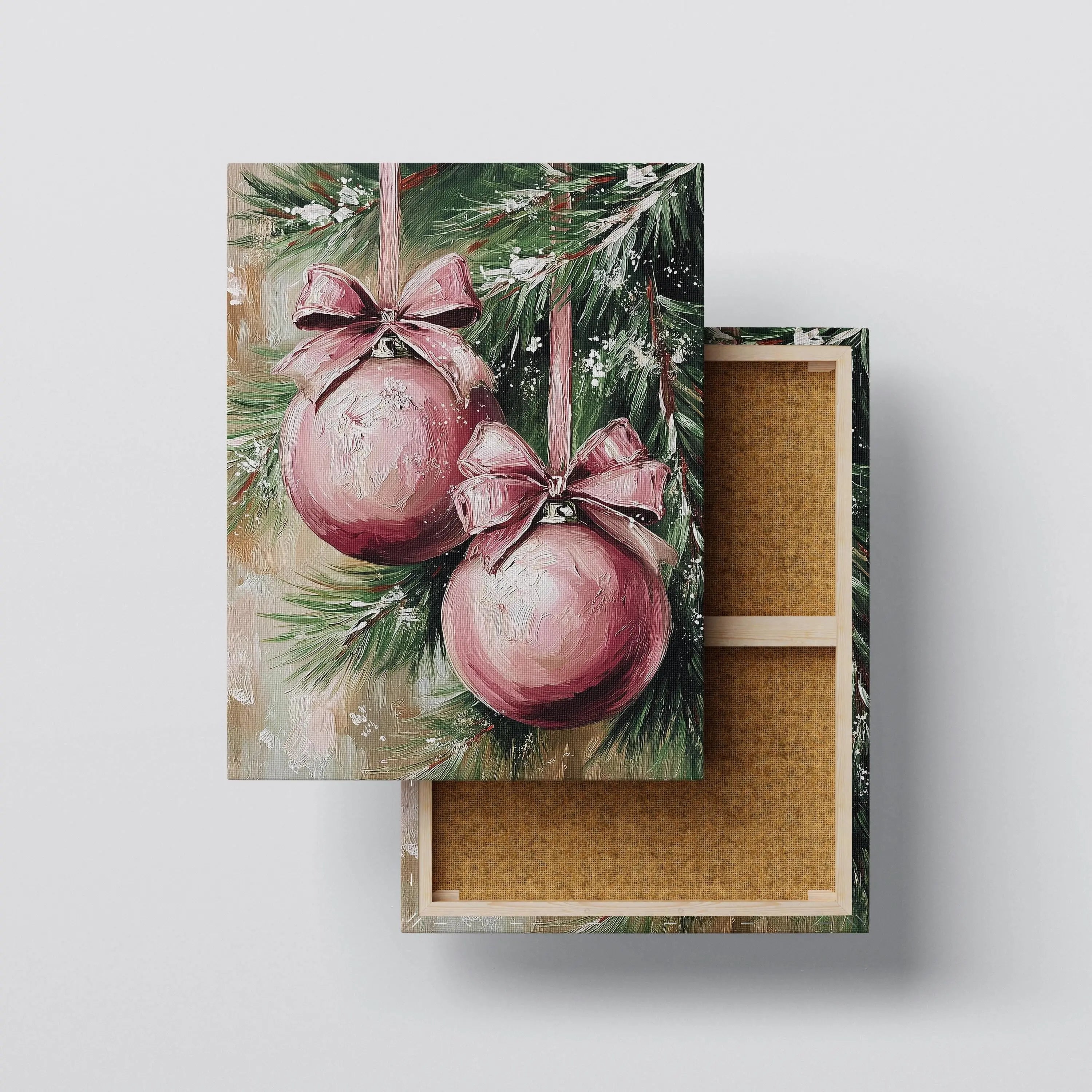 Hand-Painted Style Christmas Ornaments Canvas | Pink Baubles Wall Art | Holiday Decor Print Kubo Gallery