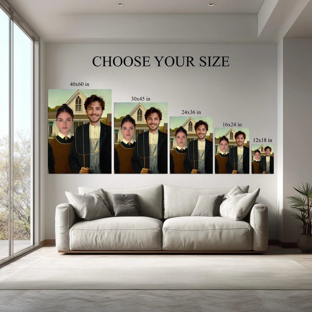 Custom Gothic Farmer Couple Canvas Portrait – Rustic Anniversary Gift Kubo Gallery