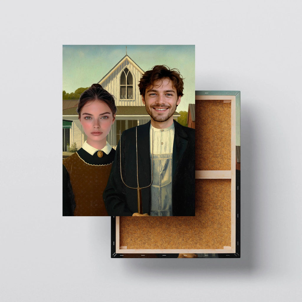 Custom Gothic Farmer Couple Canvas Portrait – Rustic Anniversary Gift Kubo Gallery