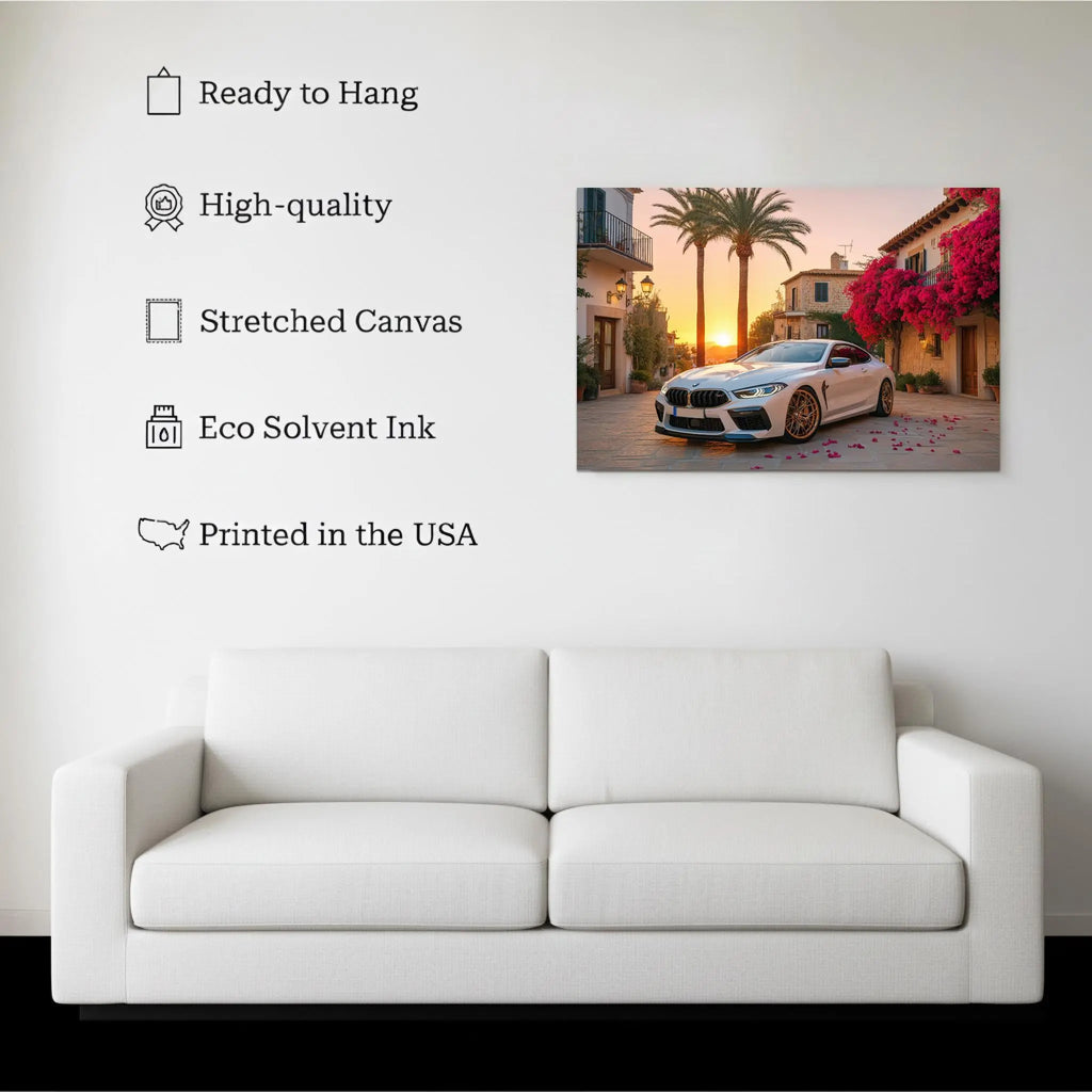 BMW Sunset Canvas Print: Mediterranean Street Scene, Exotic Car Art Kubo Gallery