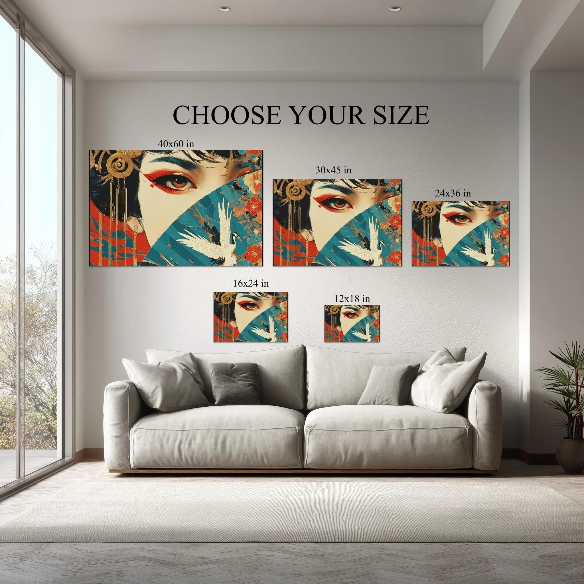 Golden Gaze – Geisha with Fan & Crane - Japanese Culture Canvas Wall Art Kubo Gallery