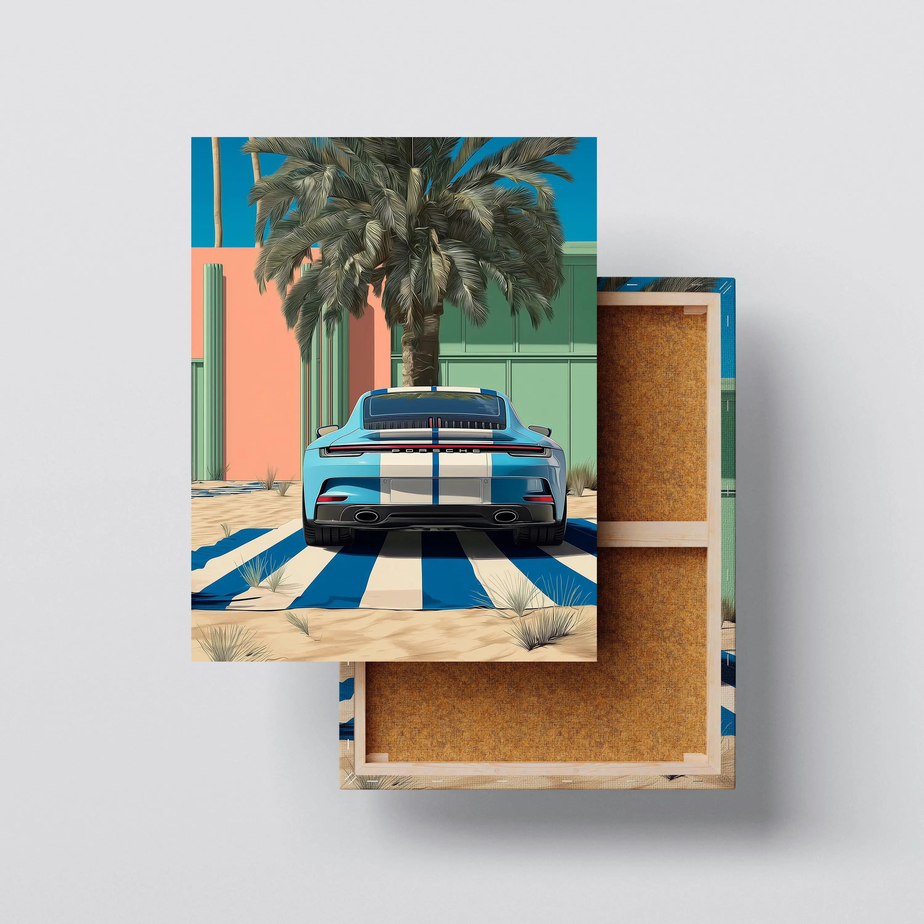 Porsche Canvas Wall Art – Modern Car Poster with Palm Trees, Blue Sport Car Print, Ready to Hang Canvas for Garage or Office Decor Kubo Gallery