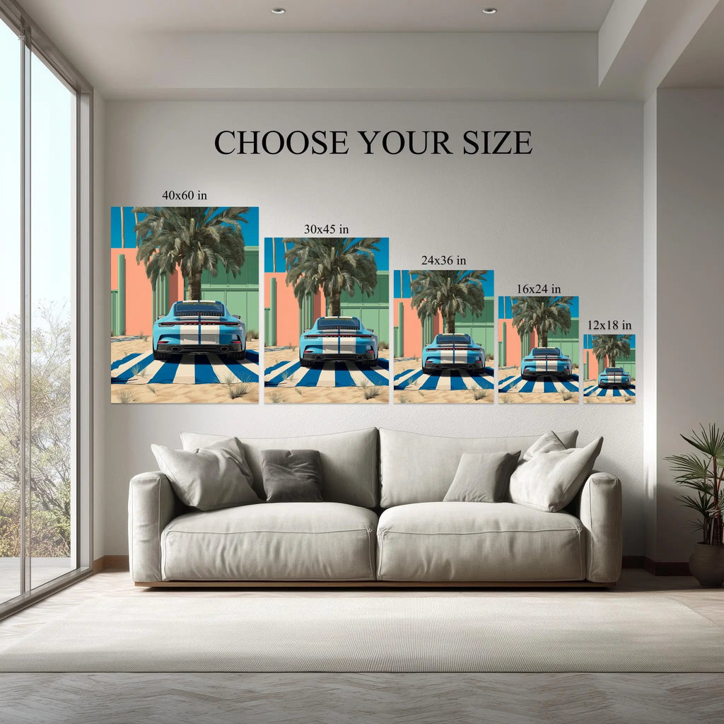 Porsche Canvas Wall Art – Modern Car Poster with Palm Trees, Blue Sport Car Print, Ready to Hang Canvas for Garage or Office Decor Kubo Gallery