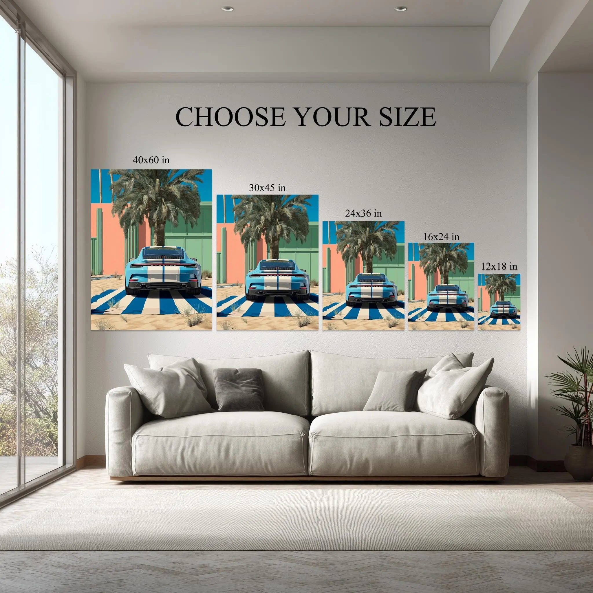 Porsche Canvas Wall Art – Modern Car Poster with Palm Trees, Blue Sport Car Print, Ready to Hang Canvas for Garage or Office Decor Kubo Gallery