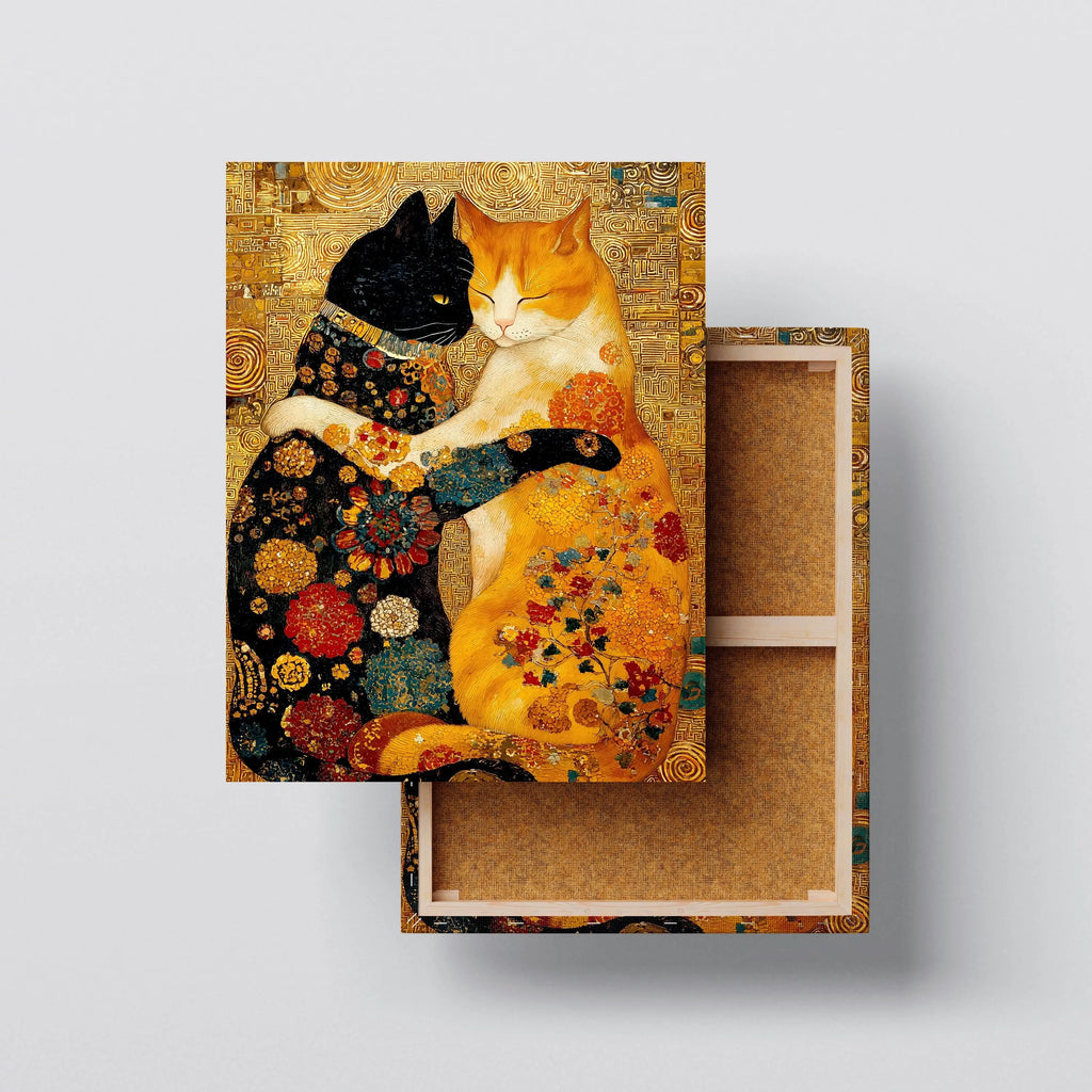 Golden Feline Embrace – Klimt-Style Cat Canvas Print Kubo Gallery