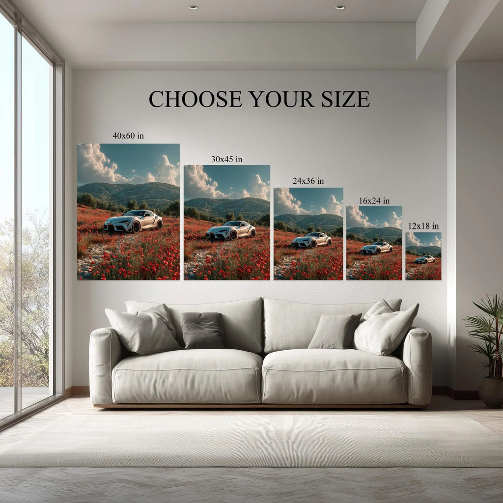 Toyota Supra Canvas Wall Art – White Sports Car in Flower Field Landscape, JDM Poster for Car Lovers, Ready to Hang Kubo Gallery