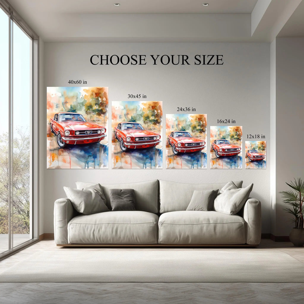 Red Classic Mustang Watercolor Art Print – Vintage Car Wall Decor for Automotive Lovers Kubo Gallery