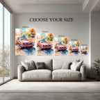 Red Classic Mustang Watercolor Art Print – Vintage Car Wall Decor for Automotive Lovers Kubo Gallery