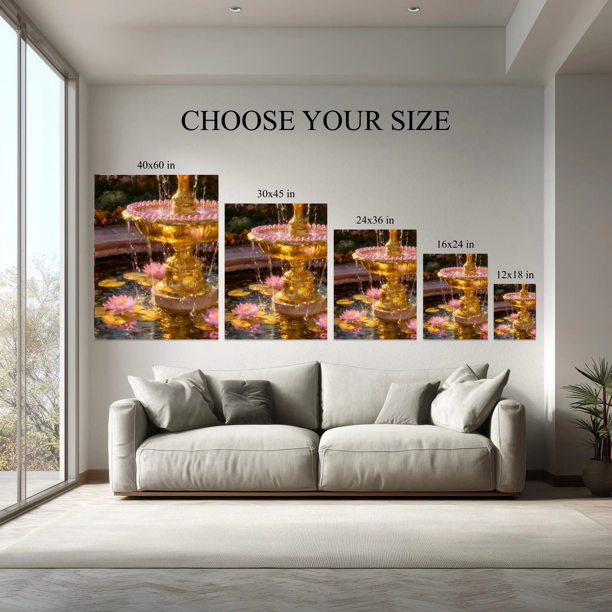 Golden Fountain with Lotus Flowers – Elegant Art Print on Canvas Kubo Gallery