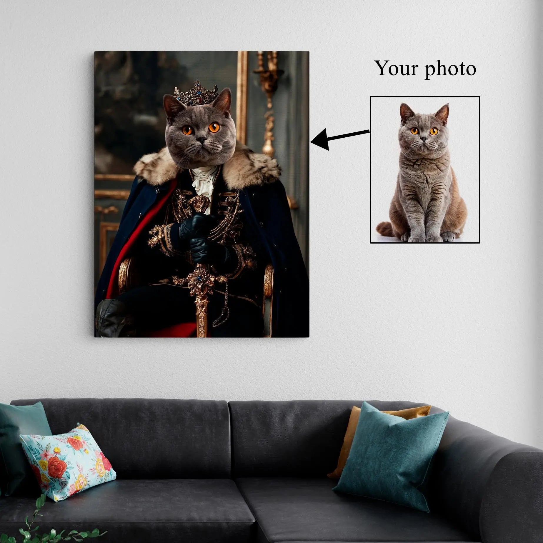 Custom Royal Pet Portrait – Your Dog or Cat Face on Noble Costume Canvas, Funny Personalized Pet Wall Art, Ready to Hang Kubo Gallery