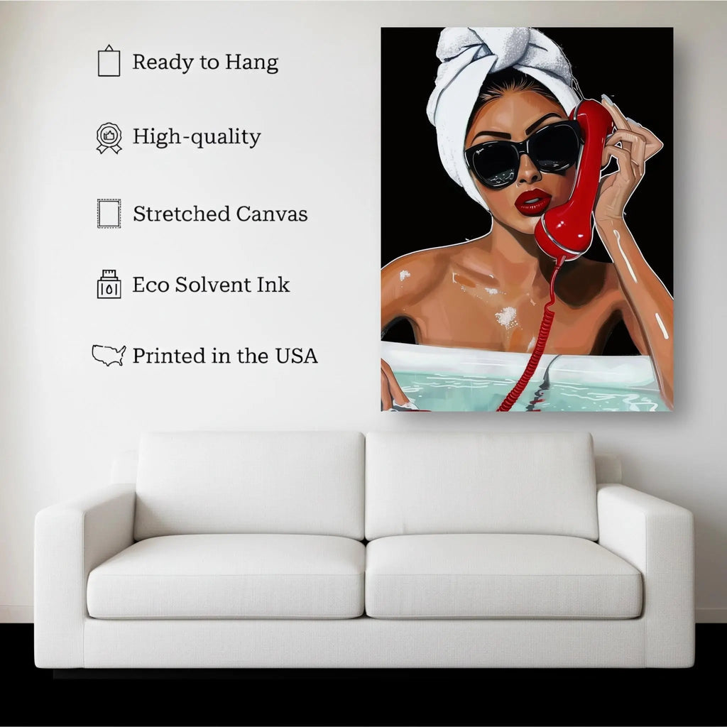 Hotline Luxe – Glamorous Woman in Bathtub with Red Phone Canvas Wall Art Kubo Gallery
