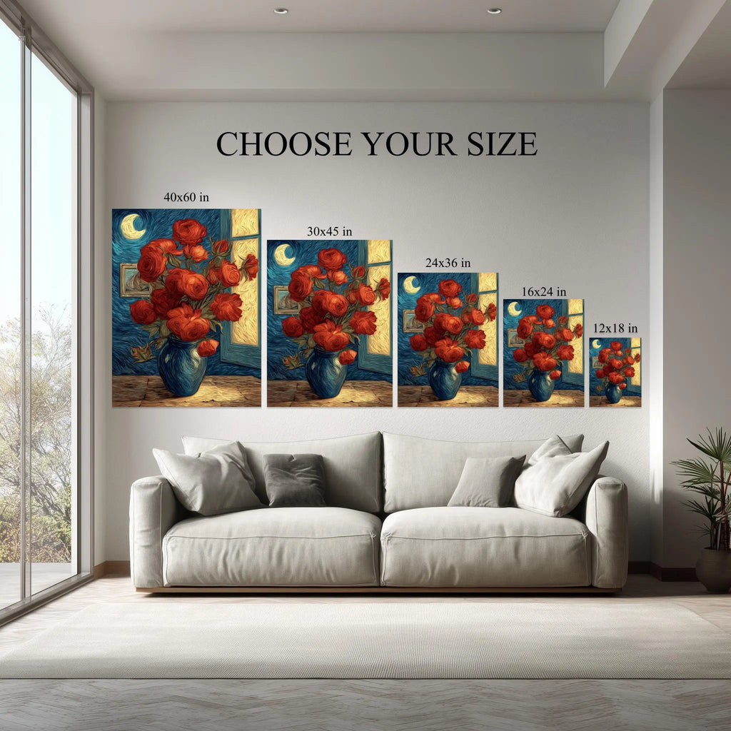 Crimson Bloom – Red Roses in Starry Night Style Canvas Wall Art Kubo Gallery