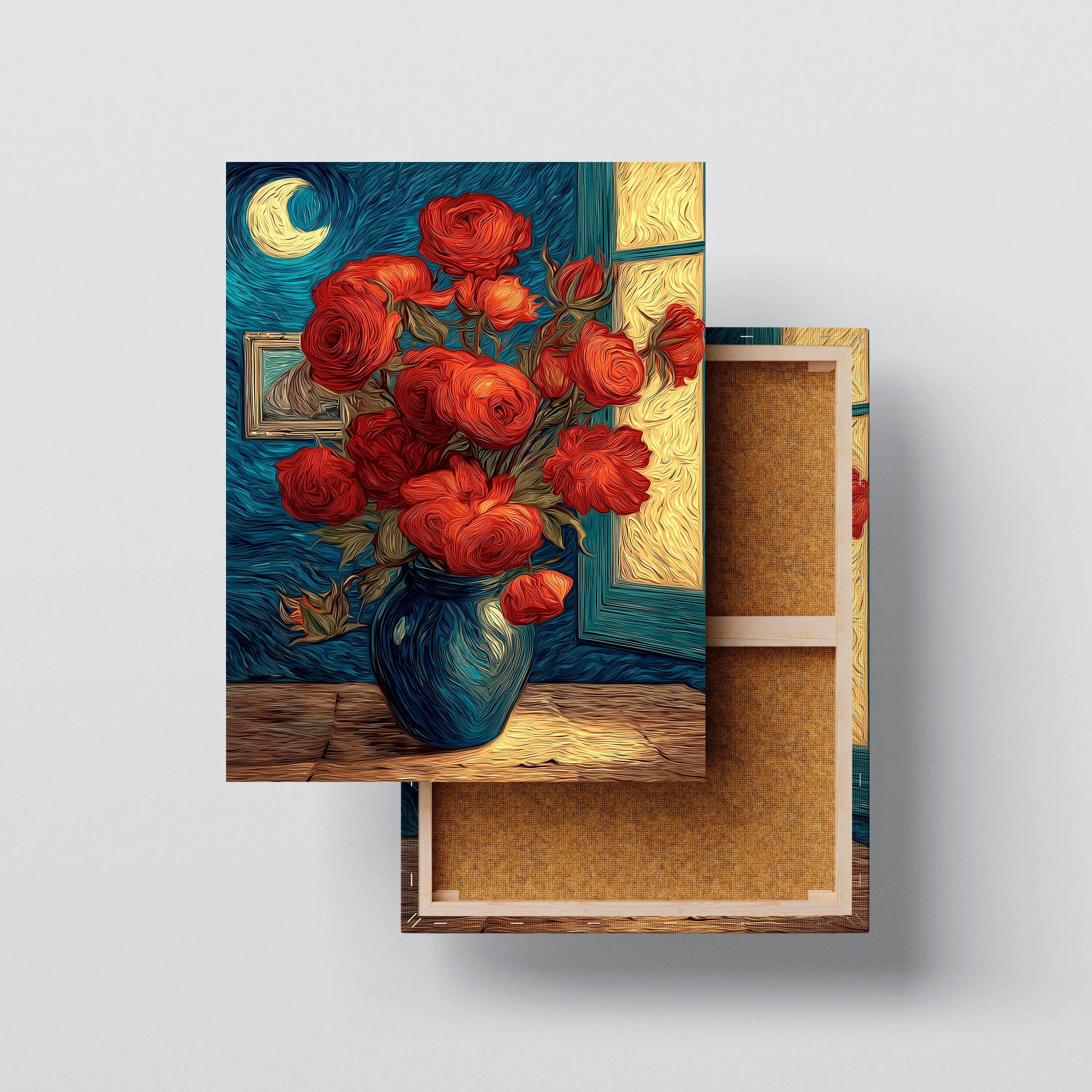 Crimson Bloom – Red Roses in Starry Night Style Canvas Wall Art Kubo Gallery