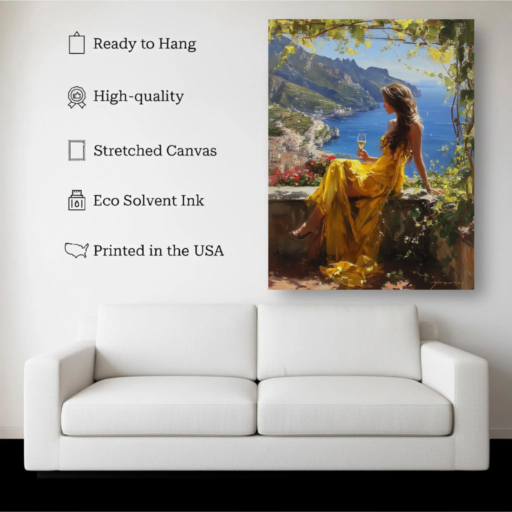 Golden Elegance – Woman by the Amalfi Coast Canvas Wall Art Kubo Gallery
