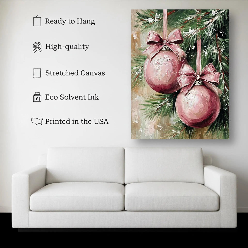 Hand-Painted Style Christmas Ornaments Canvas | Pink Baubles Wall Art | Holiday Decor Print Kubo Gallery