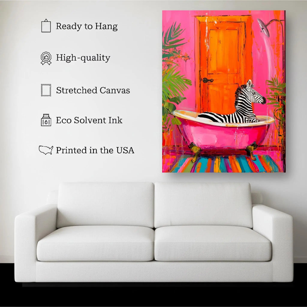 Zebra Bath Art Print | Quirky Pink Bathtub Animal Illustration Kubo Gallery