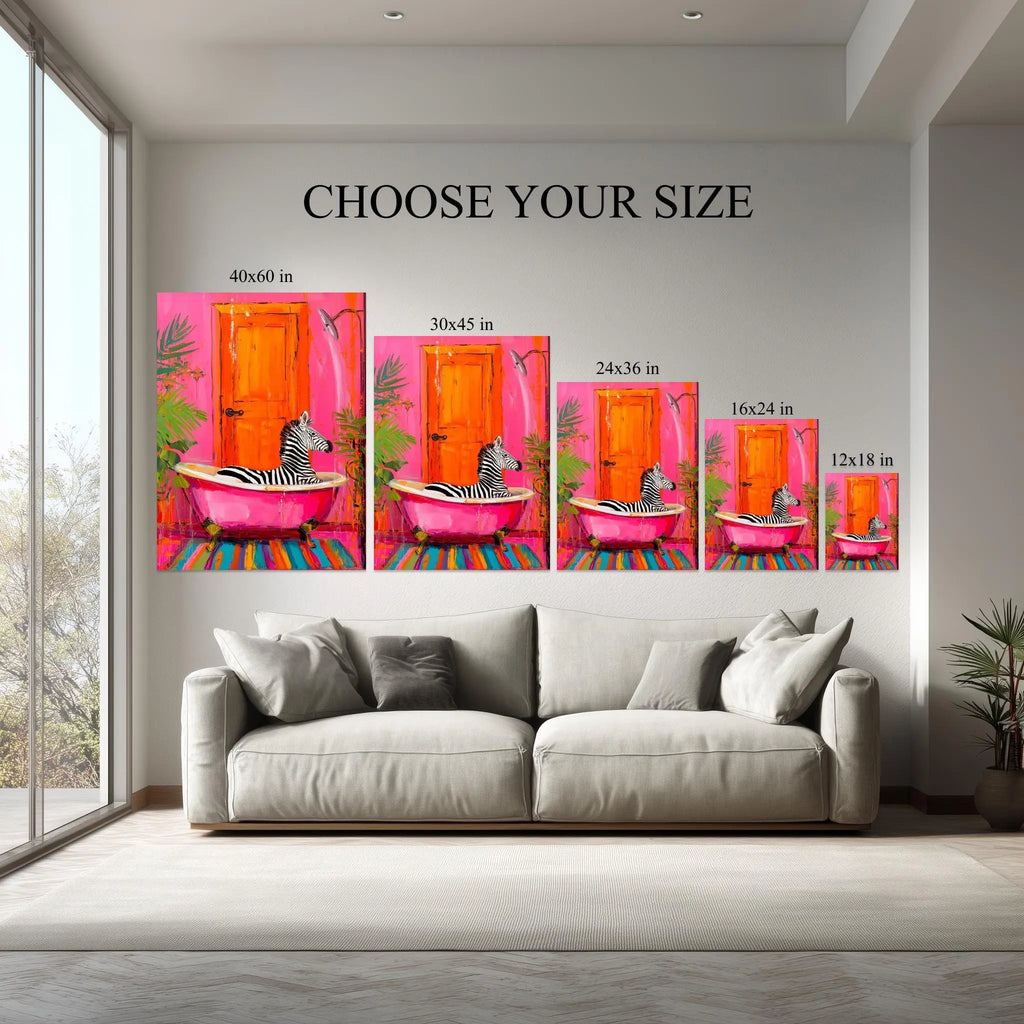 Zebra Bath Art Print | Quirky Pink Bathtub Animal Illustration Kubo Gallery