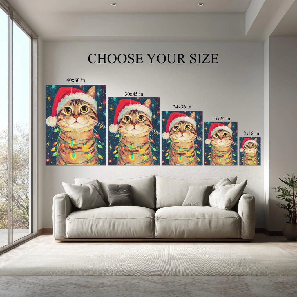 Christmas Cat Art Print | Santa Hat, Holiday Lights Kubo Gallery