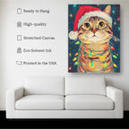 Christmas Cat Art Print | Santa Hat, Holiday Lights Kubo Gallery