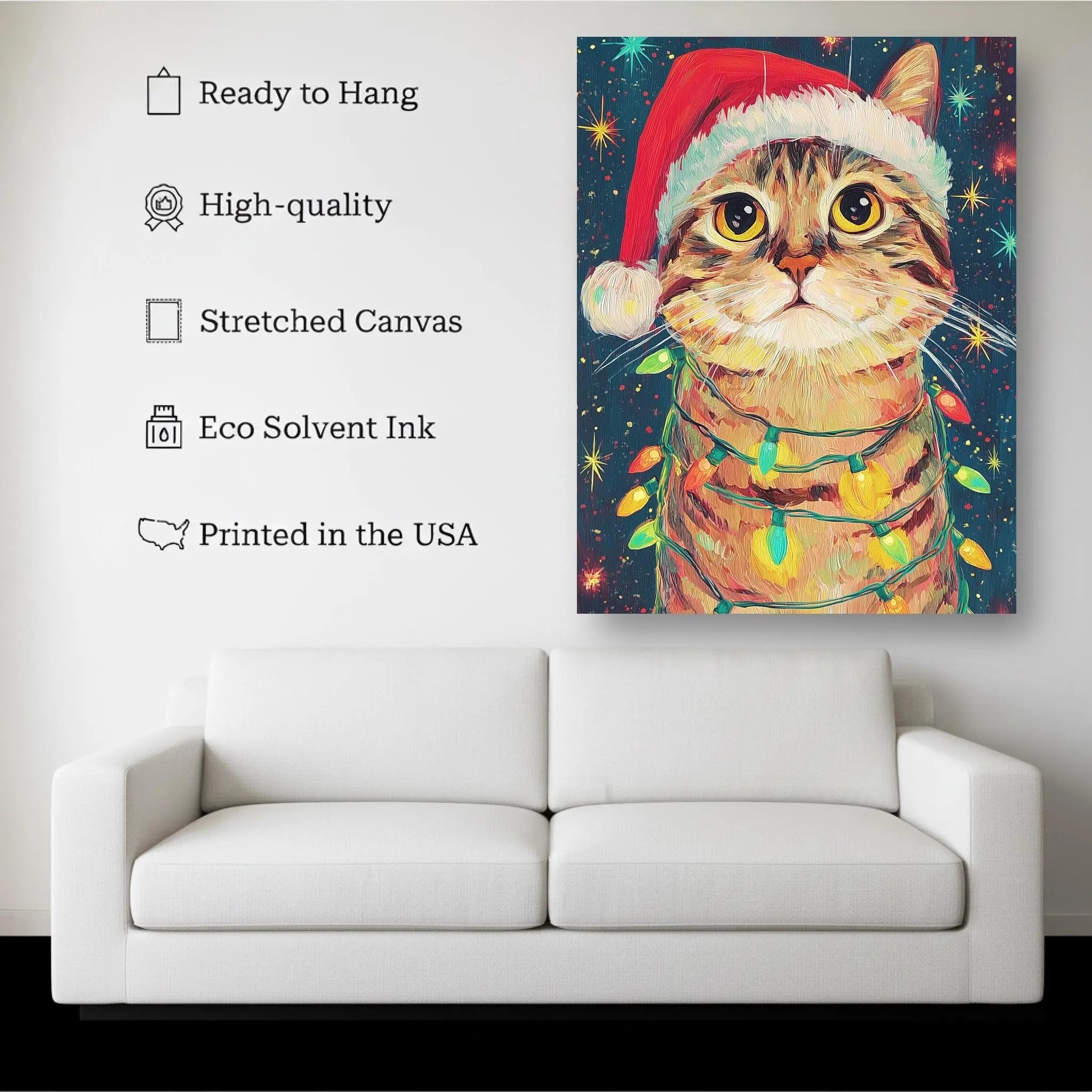 Christmas Cat Art Print | Santa Hat, Holiday Lights Kubo Gallery