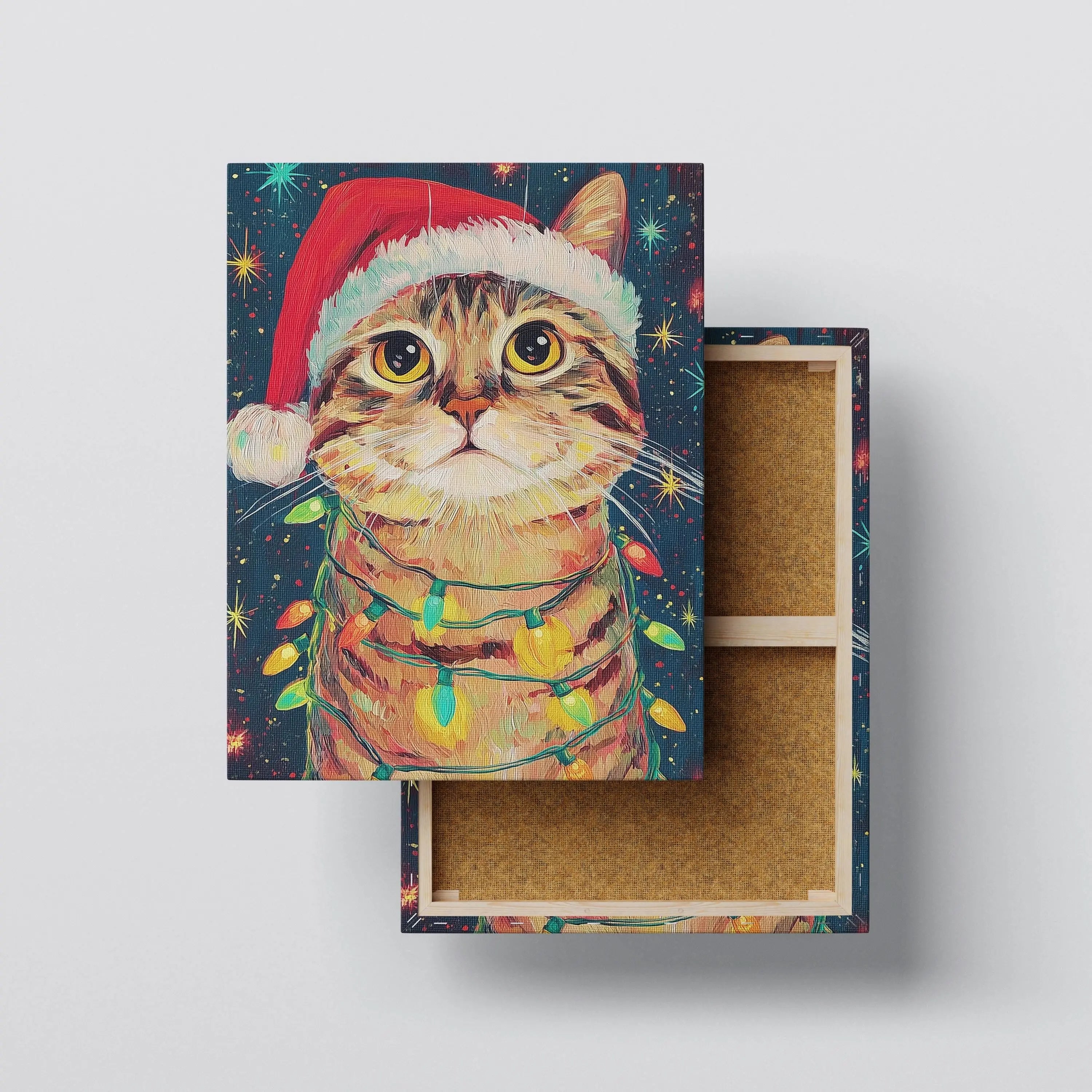 Christmas Cat Art Print | Santa Hat, Holiday Lights Kubo Gallery
