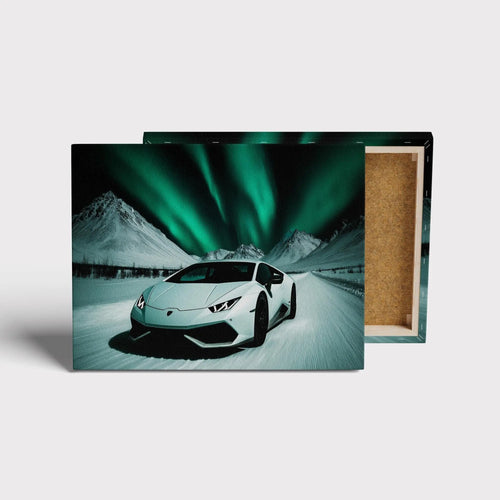 Lambo car on a snowy road with aurora lights in the background