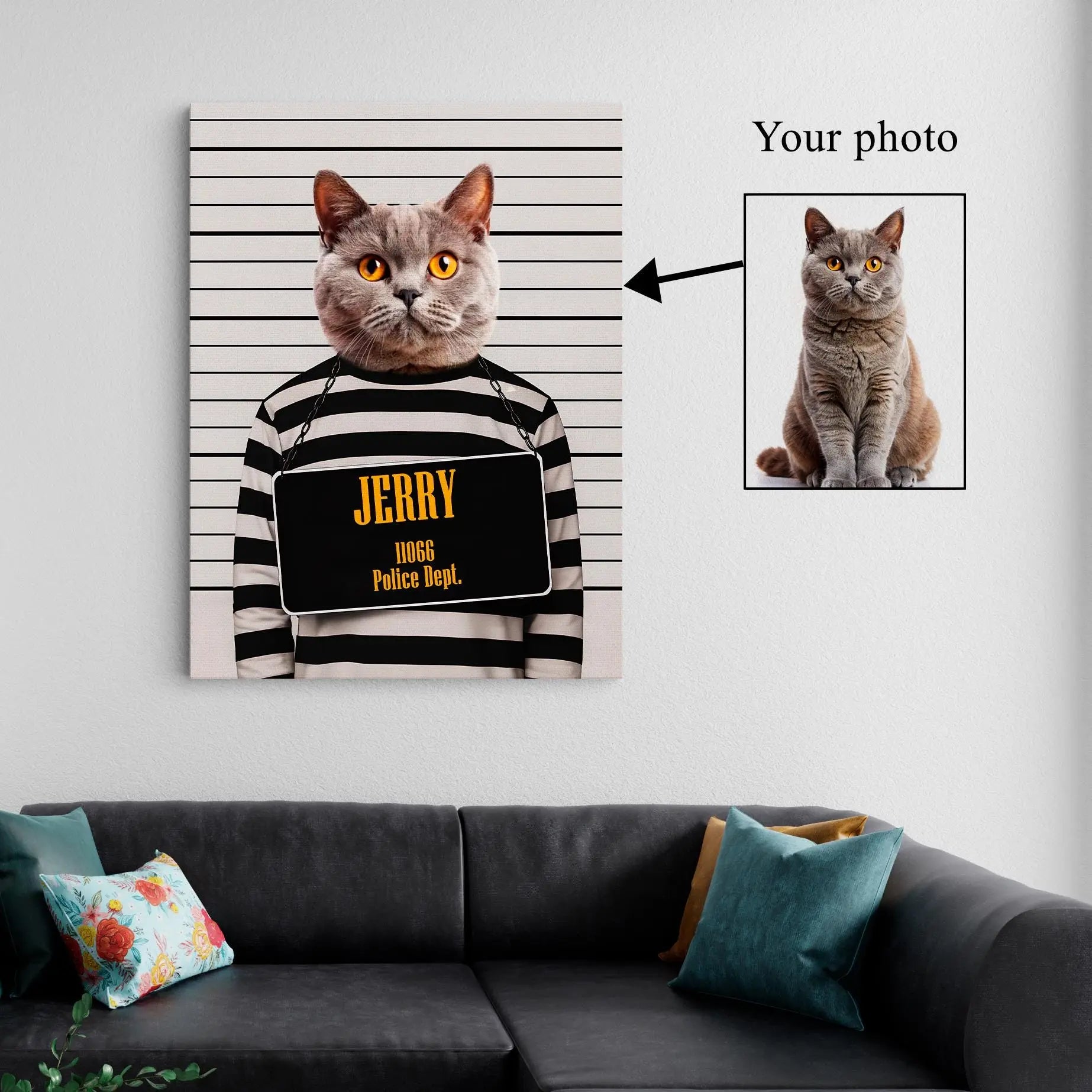 Custom Mugshot Pet Portrait from Photo – Funny Prisoner Cat & Dog Canvas – Personalized Jail Photo Pet Art – Unique Gift for Pet Lovers Kubo Gallery