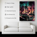 Retro Neon City Car Canvas Wall Art | Synthwave Night City Decor | Vintage Car Street Art | Modern Home Canvas Print Kubo Gallery